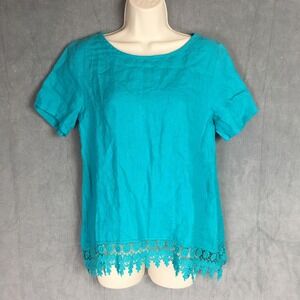 Terzo Millennio Teal Blue Linen Top Sz S Crochet Made in Italy Bright Boxy Boho